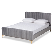 Baxton Studio Nami Modern Contemporary Glam and Luxe Light Grey Velvet Fabric Upholstered and Gold Finished Queen Size Platform Bed